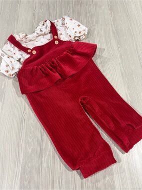 Laura Ashley Baby Red Corduroy Ruffled Overalls with Floral Shirt 6-9 Months